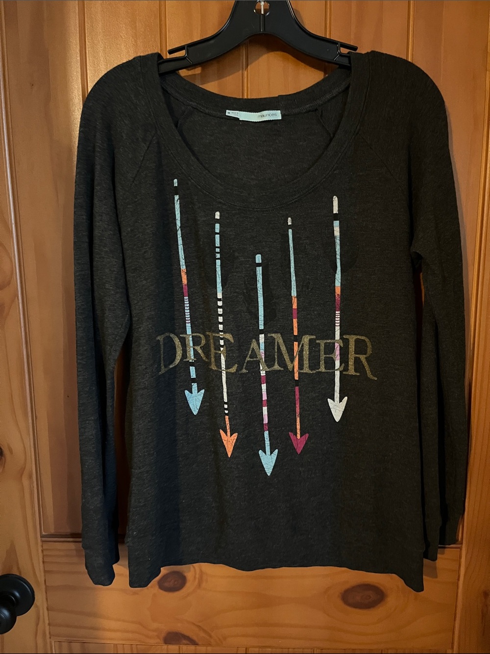 Maurices Charcoal Crewneck Top with Dreamer and Arrow decals